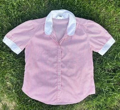 Vintage SEARS Bubble Sleeve Button Up Blouse Women’s Size Small Red Stripes - Image 1 of 4