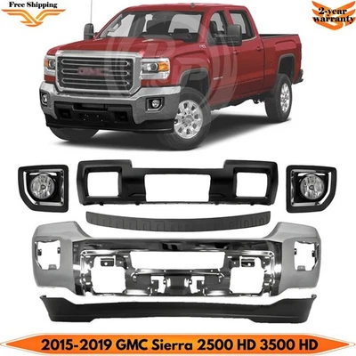 Front Bumper Chrome & Fog Lights Kit For 2015-2019 GMC Sierra 2500 HD 3500 HD Foto 1 de 4