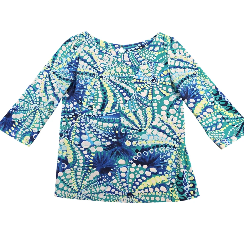 Camisa Lilly Pulitzer Mujer Pequeña Azul Verde Manga 3/4 Elastizada Top Tejida Foto 1 de 4