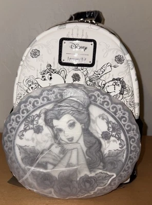 Mini Mochila Loungefly Disney Beauty and The Beast Belle Sketch Preta Branca - Imagem 1 de 4