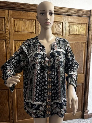 Hermoso Top Tribal, Grande, Floral, Multicolor, Manga Larga, Cuello en V Foto 1 de 4