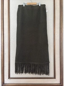 NWT House of Harlow Womens Army Green Crochet Maxi Skirt Fringe Hem Lined Sz L - Picture 1 of 12