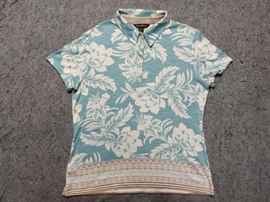 Tommy Bahama Polo Shirt Womens Medium Blue White Floral Hawaiian Hibiscus Cotton - Picture 1 of 12