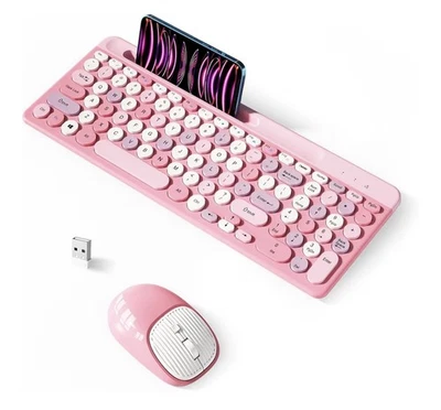 Retro Wireless Keyboard with Round Keycaps, 2.4GHz Full-Size USB Cute Wireless - Image 1 of 4