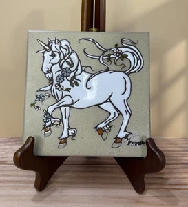 Vintage Cleo Teissedre Tile Hand Painted SIGNED Unicorn Ceramic Trivet EUC - Picture 1 of 8