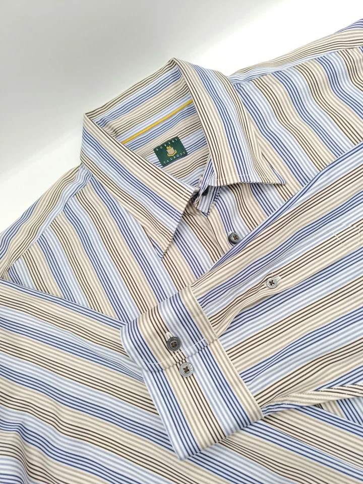 🇺🇲 Robert Talbott Men's 2XL 18.5x34 Brown Blue Stripe Hidden Button Down Shirt - Image 1 of 4