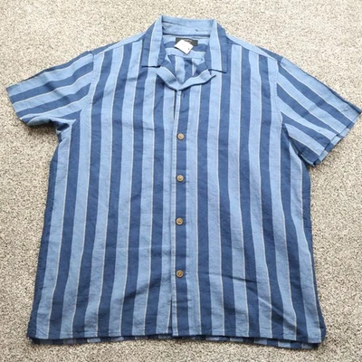 Banana Republic Shirt Mens Large Blue Linen Blend Striped Camp Short Sleeve Top - Image 1 of 4