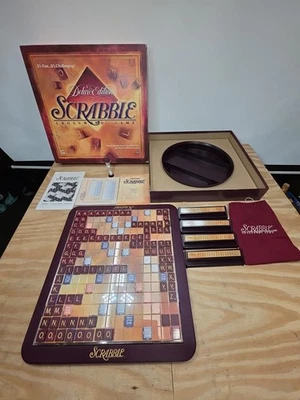 Scrabble Deluxe Turntable Board Game Raised Grid 100% Complete Embroidered Bag - Image 1 of 4