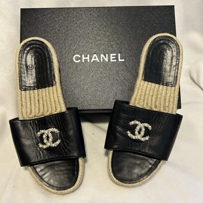 Chanel Talla 42EU 10 US Slides Sandalias Perla CC Top Negro Piel de Cordero Yute Crucero Usadas en Excelente Condición Foto 1 de 4