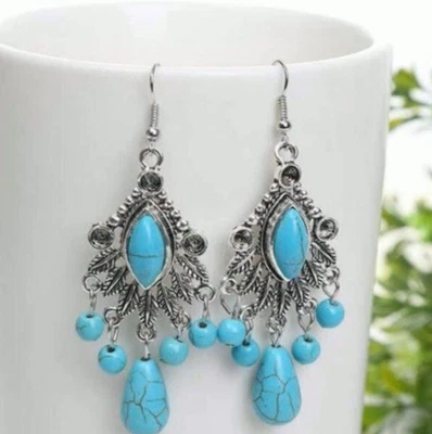 Pendientes colgantes estilo bohemio turquesa estilo vintage gancho tono plata NUEVO Foto 1 de 4