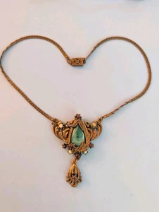 Vintage Jugendstil inspiriert Faux grüne Jade & lila Strass Träne Halskette - Bild 1 von 8