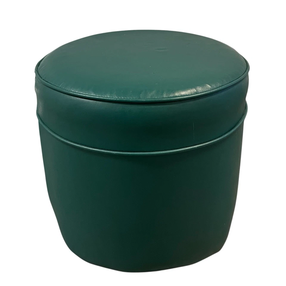 Reposapiés otomano vintage moderno de mediados de siglo redondo verde azulado de vinilo hassock Foto 1 de 4