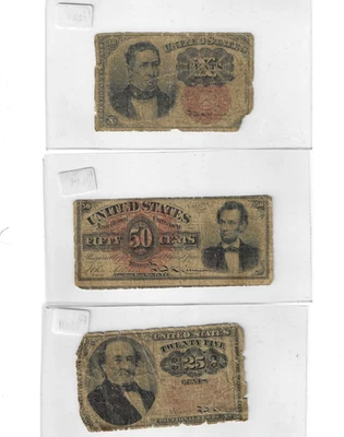 Lot of 3 Fractional Currency Notes, Lincoln 50C FR 1374, 25C FR1309, 10C FR1265 - Image 1 of 2