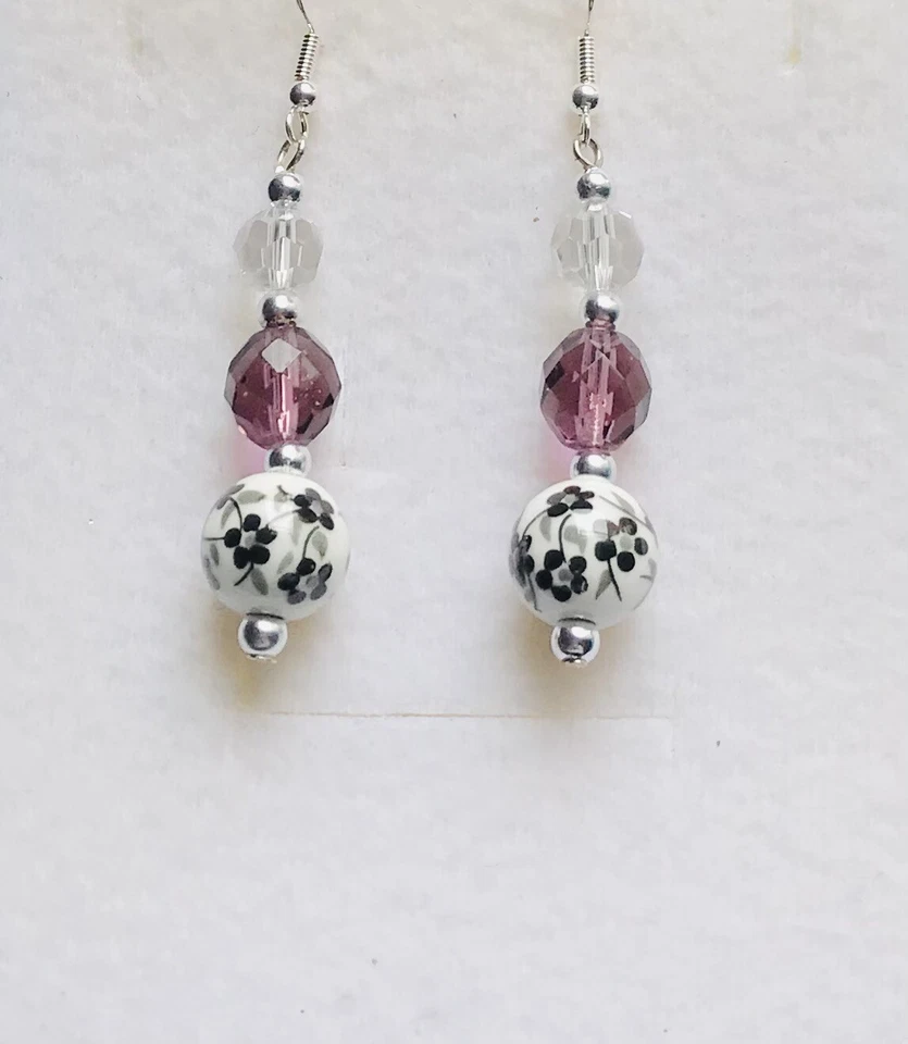 Impresionantes Pendientes y Flores Cerámica Blanco Púrpura Cristal Negro Blanco.-) Foto 1 de 1