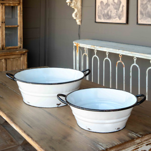 Enamelware Metal Farm Tub Set of 2 Bowls  White Black Trim Basin Farmhouse