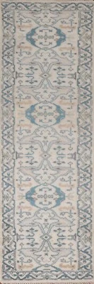 Geometric Indien Oushak Ivory Wool Hand-knotted Narrow Runner Rug 2' 8" x 9' 11" - Image 1 of 4