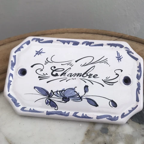 French Ceramic Vieux Moustiers Door Plate Hand Painted Chambre Room Blue White Cover