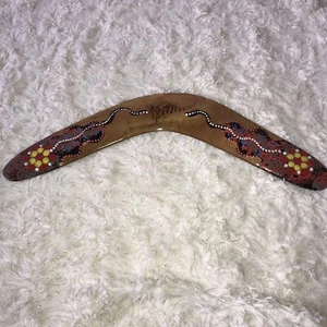 Vintage Hand-Painted Wooden Signed Boomerang Aboriginal Dot Art Australia Valilo - Picture 1 of 10