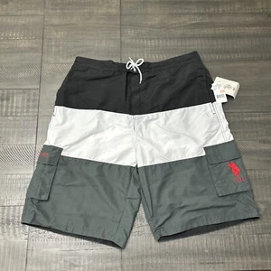 Men US Polo Assn Cargo Line Elastic Swim Trunks 3X Black White Gray - Picture 1 of 7