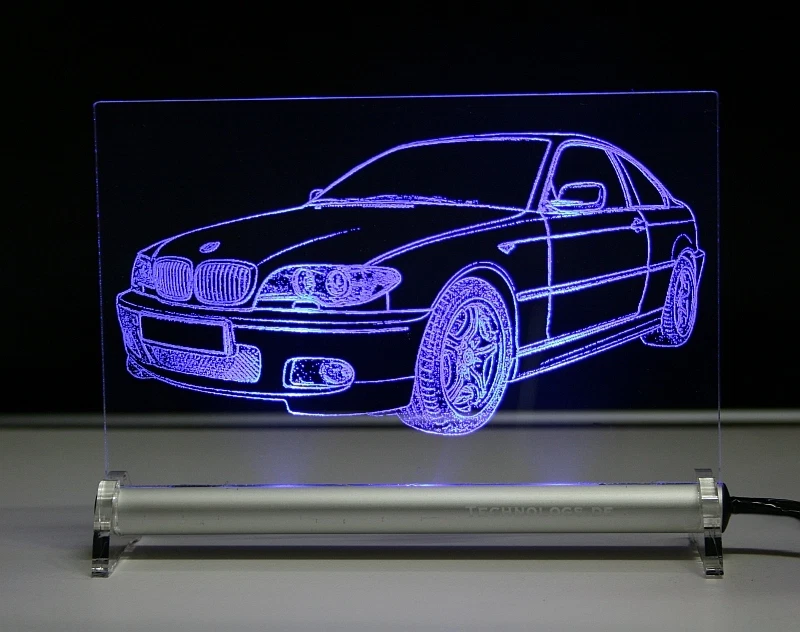 Gravur mit BMW e46 coupe auf LED Leuchtschild 3er Geschenk Tombola Präsent