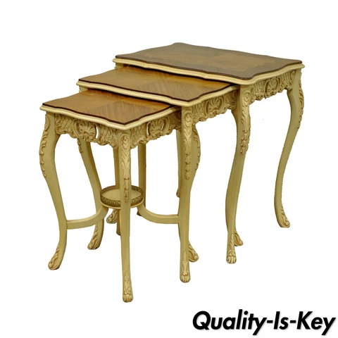 3 Vintage French Louis XV Carved Satinwood Inlaid Nest of Nesting Side Tables Cover