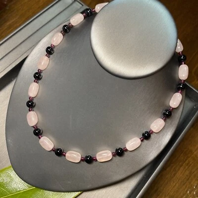 玫瑰石英深红色石榴石珠链复古项链项链 18 英寸鱼扣 — 第 1/4 张图片
