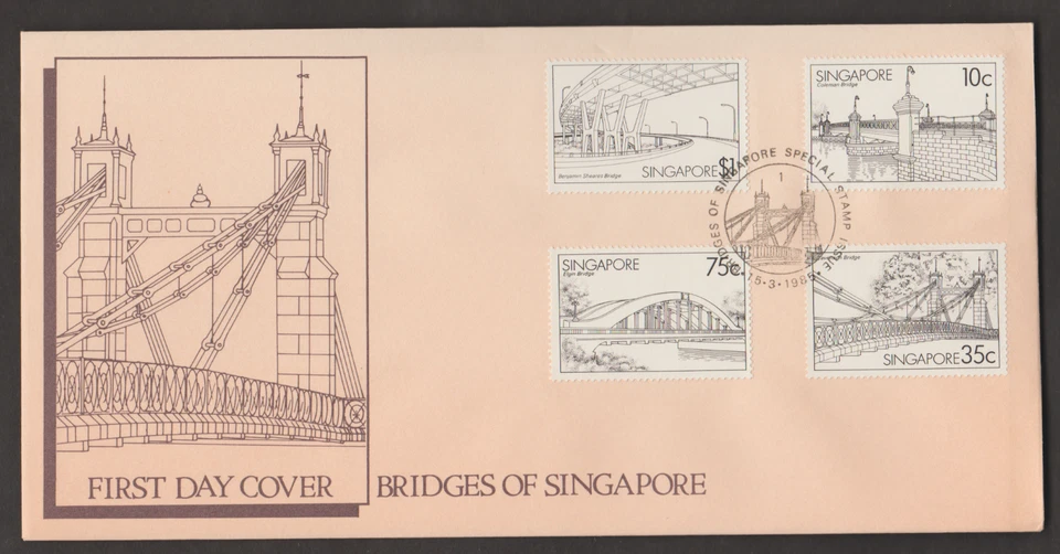 (SF112)MALAYSIA SINGAPORE 1985 BRIDGES OF SINGAPORE SET 4V ON FDC. ISC CAT RM 15 - Image 1 of 1