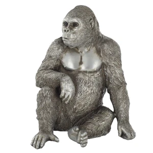 Sitting Gorilla Antique Silver Finish Sculpture Lovely Home Decor Wildlife - Picture 1 of 4