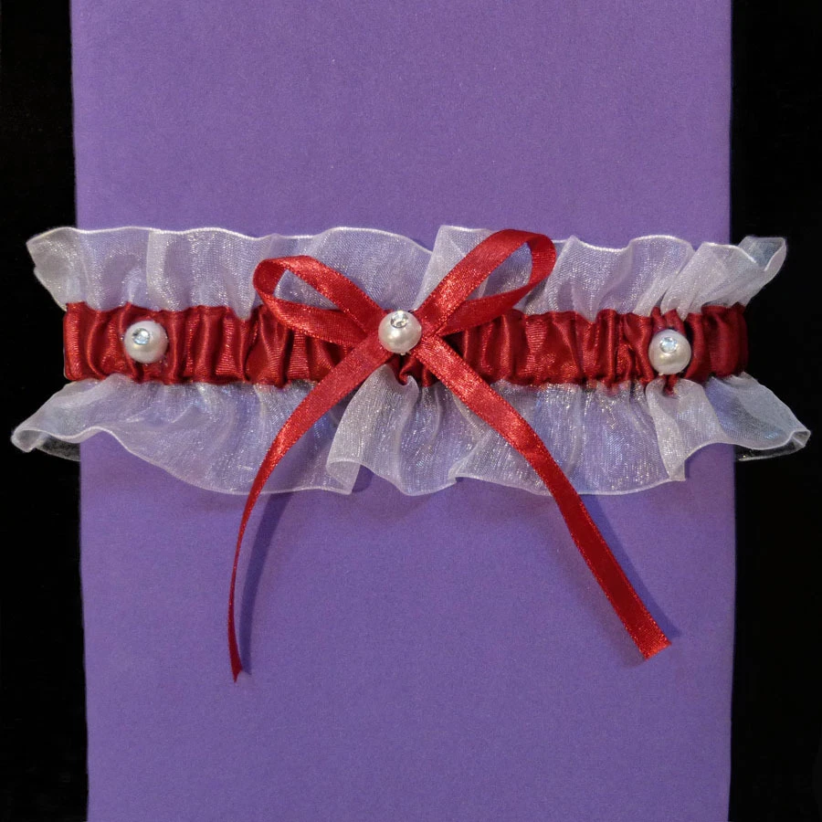 JARRETIÈRE SATIN ET ORGANZA perles strass rubans ROUGE et BLANC - Bild 1 von 1