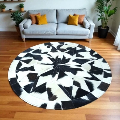 Luxury Black & White Cowhide Patchwork Round Rug–Natural Hair on Hide Modern Rug - Image 1 of 4