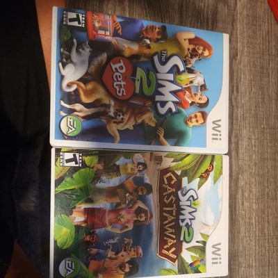2 Game Sims Lot - The Sims 2 Pets & Wii The Sims 2 Castaway - Game, Case, Manual - Image 1 of 2