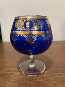 Vintage Bohemian Czech Art Glass Brandy Snifter Cobalt Blue Gold 6 3/4 In Tall - Picture 1 of 8