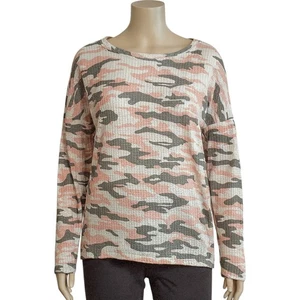 Damen Rosa & Grau Camouflage Langarm Waffel Strick Top Relaxed Fit - Freizeit Größe S - Bild 1 von 4