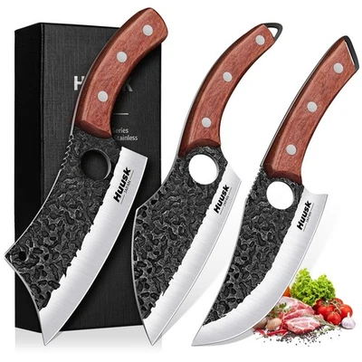 Huusk Butcher Knife Set of 3- Japanese Knife Set for Meat Cutting, Hand Forge...