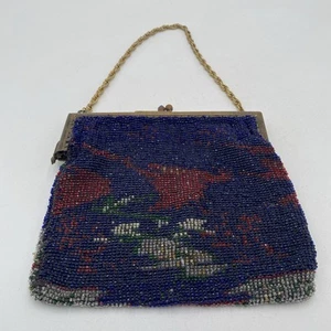 20er Jahre Antik Perlen Dresden Flapper Tasche Art Deco Blau Rot Gold Metallrahmen - Bild 1 von 13