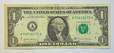 2017A  $1 DOLLAR  REPEATER  NOTE  SERIAL  NUMBER   A  70 - 61 - 61 - 70  A  CIRC - Image 1 of 4