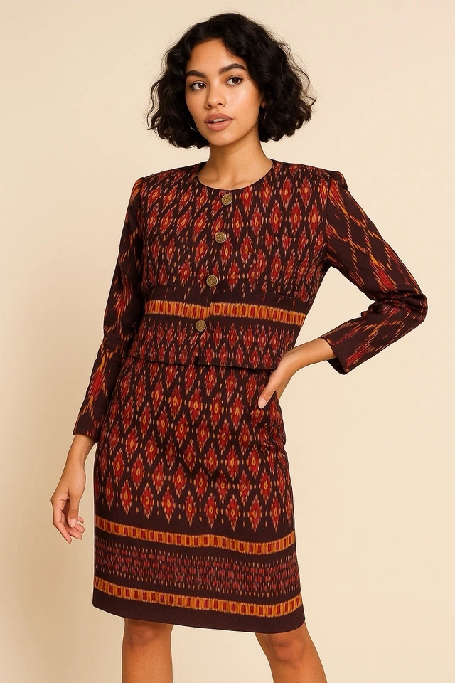 Vintage Alexandra Thai Silk Skirt Suit Set Jacket & Pencil Skirt Ikat Print Sz S - Image 1 of 4