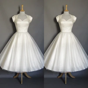 Tea Length Wedding Dresses Short Sleeves Victorian 1960s Vintage Bridal Gowns - Picture 1 of 10