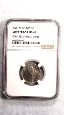 1883 NO CENTS Liberty Nickel NGC MS64 MINT ERROR 5C Coin PRICED TO SELL! - Image 1 of 4