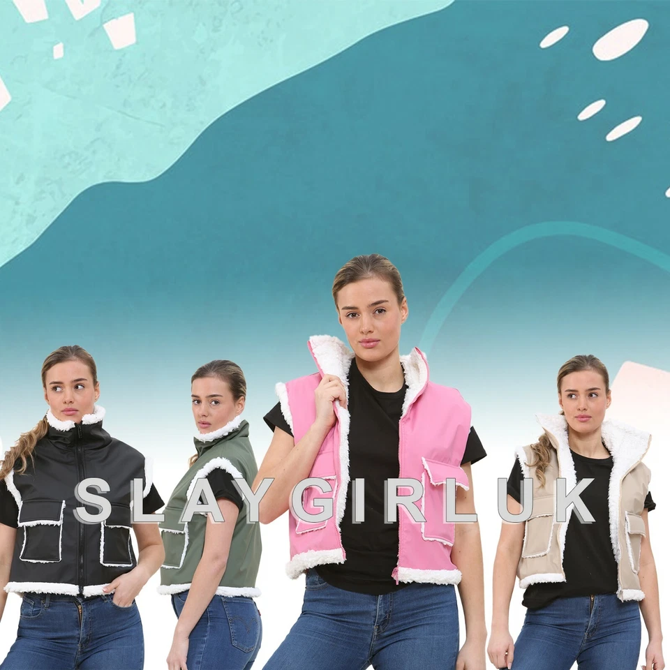 Women Ladies Fur Lined Gillet Cropped Quilted Waistcoat Winter Vest Bodywarmer - Image 1 of 1