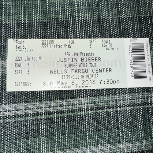 JUSTIN BIEBER Purpose World Tour Full Concert Ticket Stub Philly 5/8/16 Rare