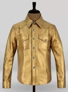 Camisa de cuero para hombre 100 % piel de cordero real elegante camisa de cuero dorado - Imagen 1 de 8