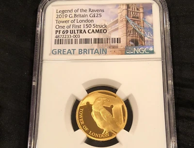 2019 LEGEND RAVENS BRITAIN 25£ GOLD TOWER LONDON PF69 1 OF 1ST 150 .25oz  #28M - Image 1 of 4