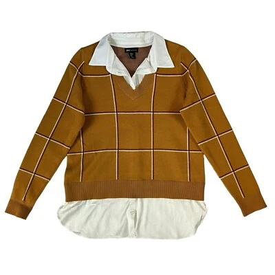 Jones New York Sweater Womens L Yellow Gold Windowpane Long Sleeve Academia - Image 1 of 4