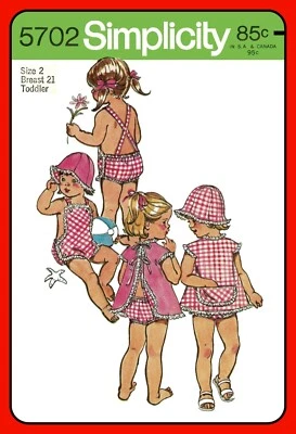 Toddler PLAYSUIT Pattern Sunsuit TOP Hat Girls Simplicity 5702 Vtg 1973 - Image 1 of 4