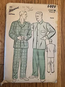 1930s Antq Advance Sewing Pattern 6400 Mens Pajamas 2 Styles Size 34 Chest - Picture 1 of 2