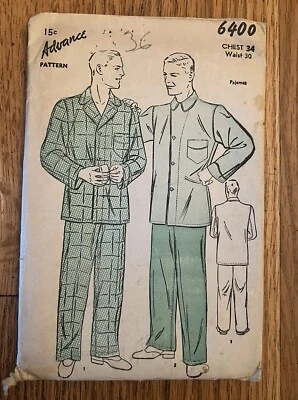 1930s Antq Advance Sewing Pattern 6400 Mens Pajamas 2 Styles Size 34 Chest - Image 1 of 2