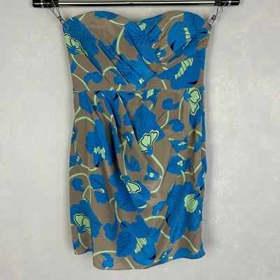 Tibi Talla 8 Vestido Corto Sin Tirantes Plisado 100% Seda Marrón Azul Floral NUEVO Foto 1 de 4