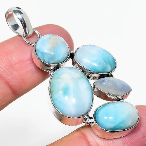 Natural Larimar Moonstone Gemstone Silver Plated Cluster Pendant Jewelry 2.5" - Изображение 1 из 1