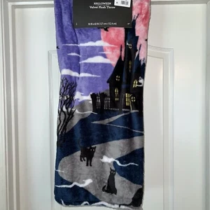 NWT Halloween Spooky Haunted House Witch Bats Black Cat Moon Throw Blanket 50x60 - Picture 1 of 5